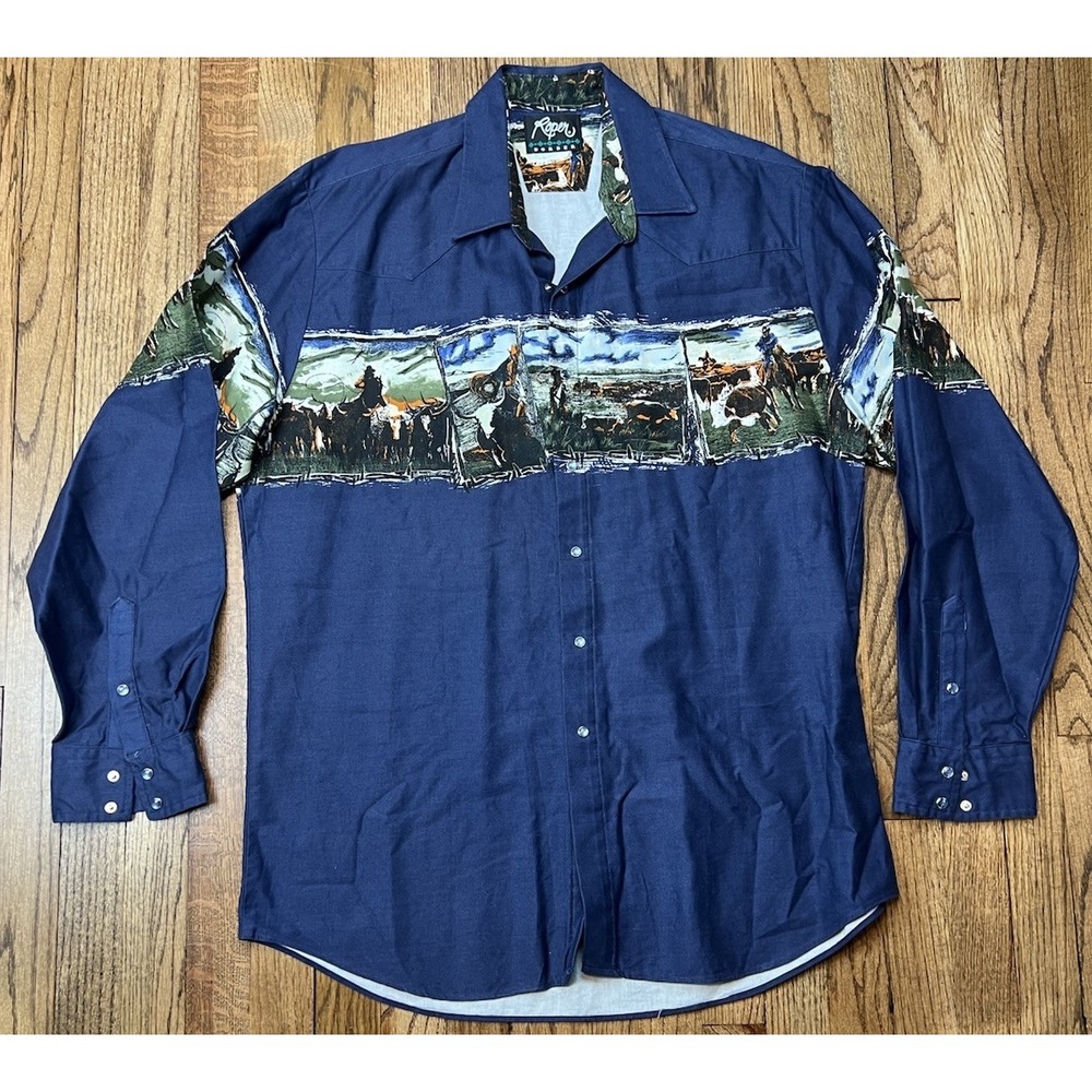Vintage‎ Roper Border Cattle Drive Long Sleeve Pearl Snap Western Shirt Men's XL